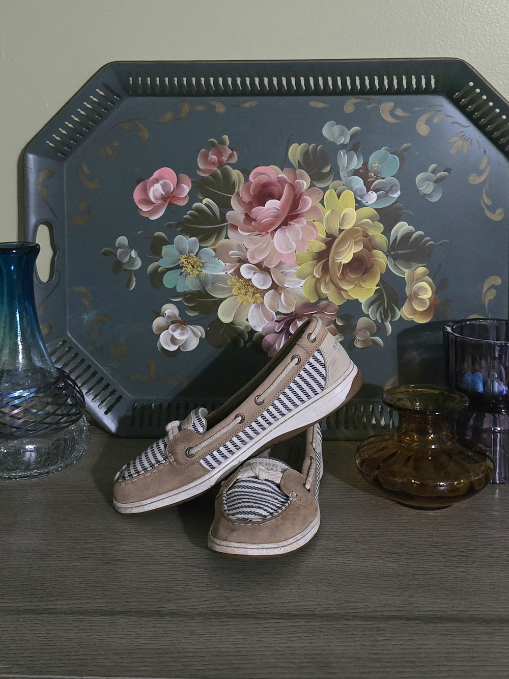 Sperry Tan and Navy Striped Boat Shoes Flats